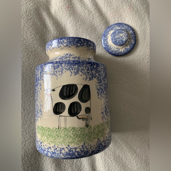 molly dallas cow Other - Molly Davis Pottery Ceramic Blue White Speckled Cylinder Jar with Lid Glossy